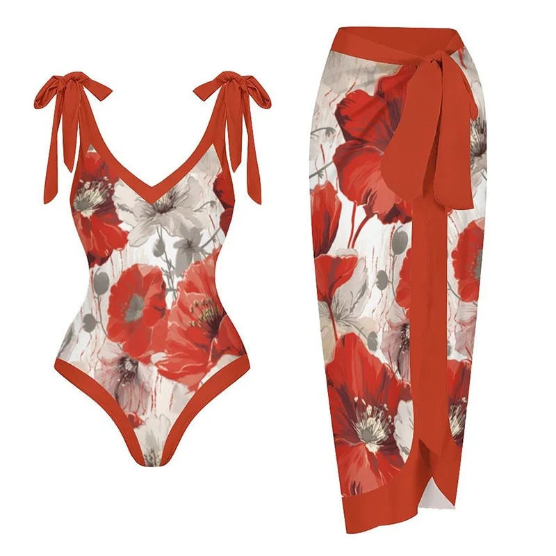 2-Piece Women Brazilian Floral Printed Ruffle Bikinis Strappy Bandage Swimwear