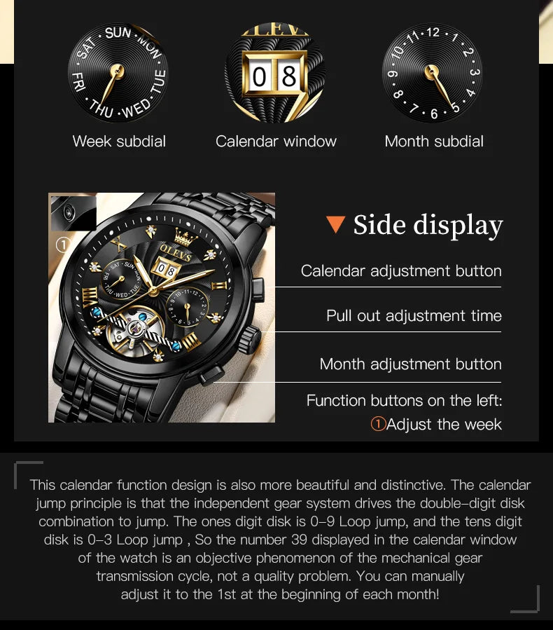 OLEVS Classic Men's Watch Tourbillon Multi-function Full Automatic Men Watch