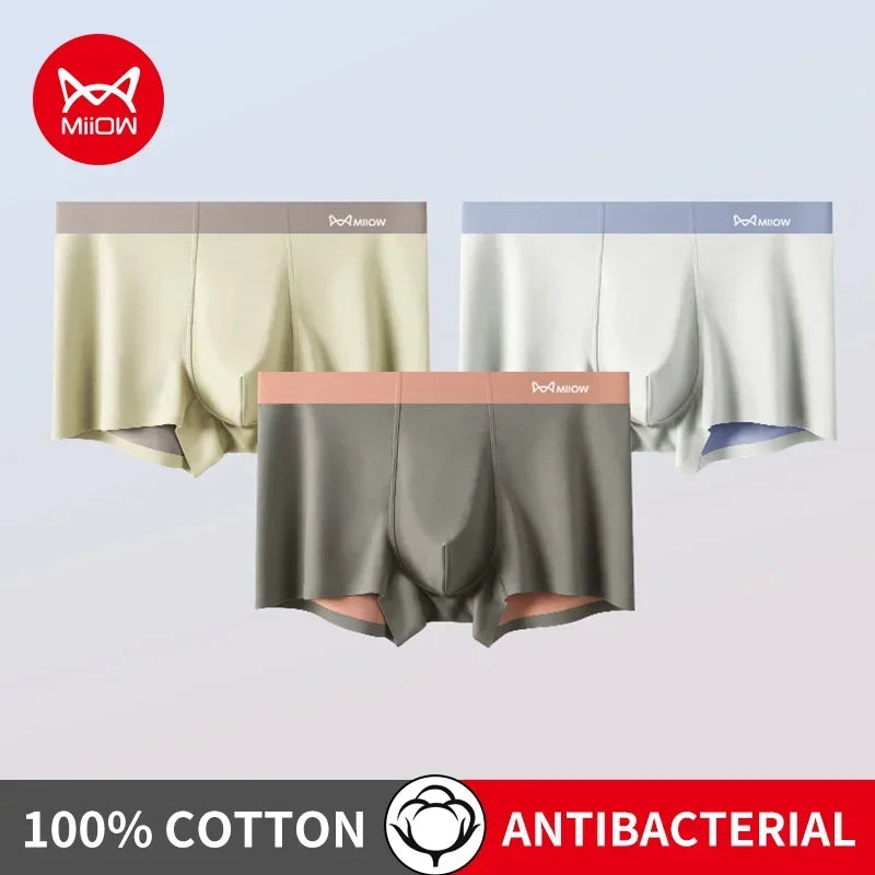 3Pcs 100% Cotton Silk Crotch Men's Antibacterial Boxers