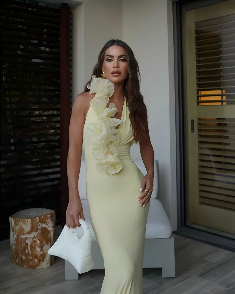 Mesh Rose Deep V Neck Sexy Maxi Dress For Women