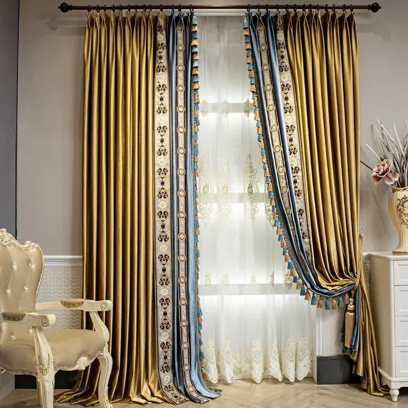 High-end European-style luxury American-style golden and blue shading velvet curtains bedroom living room villa customization