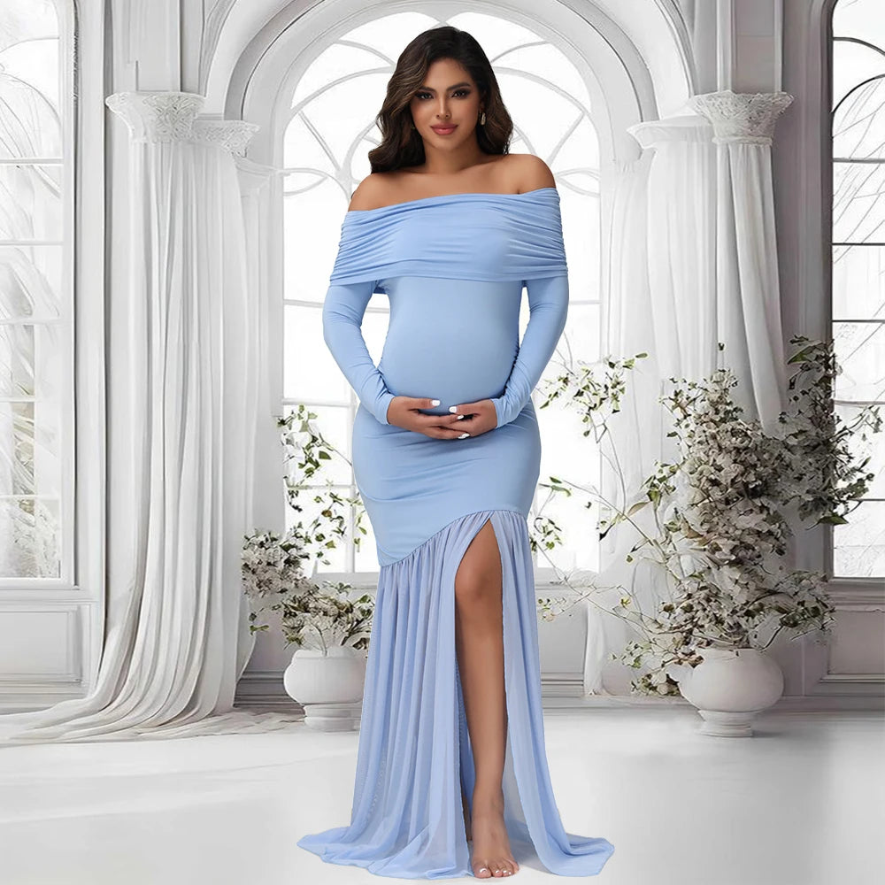 Elegant Maternity Gown Photoshoot Party Dress Off-Shoulder Slits Fishtail Hem