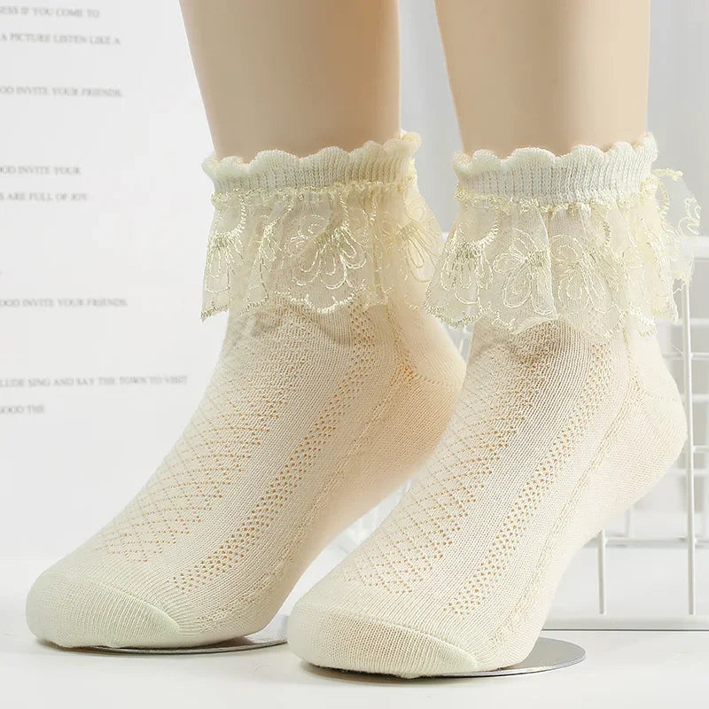 Breathable Cotton Socks with Ruffle Lace