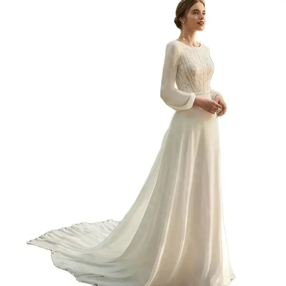 Boho Beach Wedding Dress - Long Sleeve Lace Gown Customizable