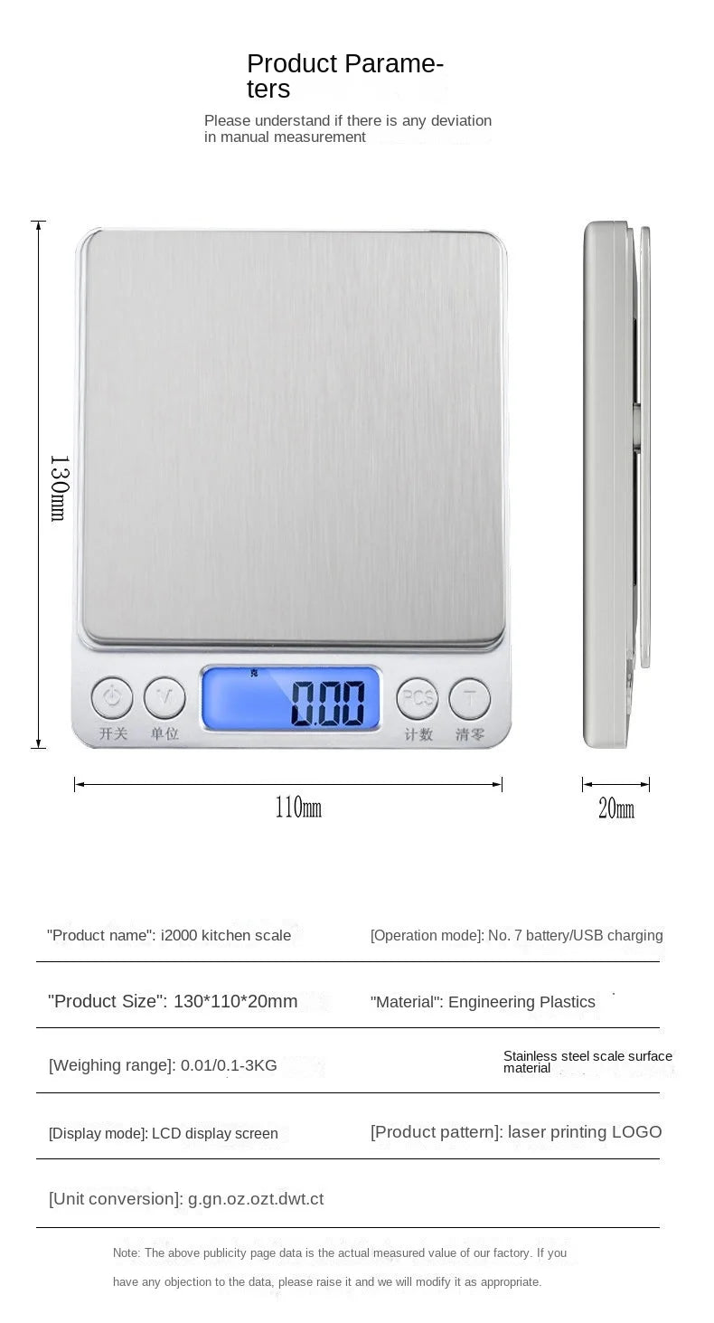 Digital Kitchen Scale Mini Pocket Stainless Steel 0.1/3000g Weigh Scales