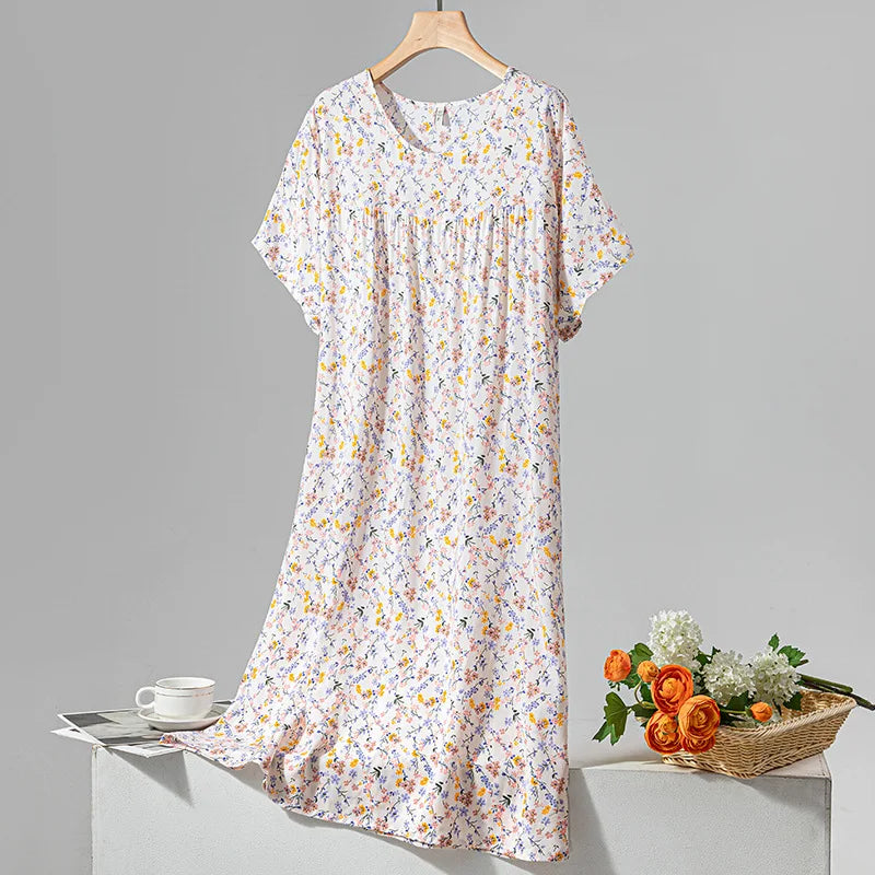 Summer Women Nightgown Short Sleeve Round Neck