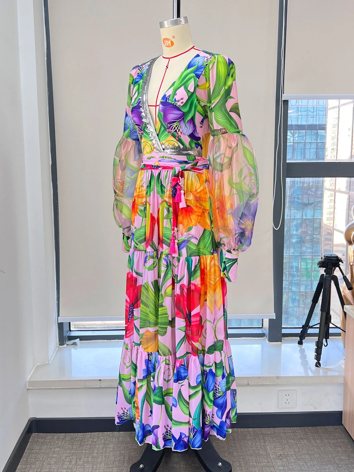 Swimwear 2PC Cover-up Swimsuit Ruffle Printed Deep V One-piece Kimono Bikini Suit
