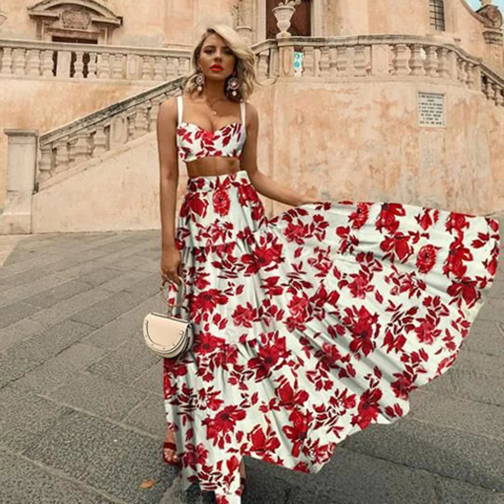 Bohemian Summer Style Two Piece Print A-Line Skirt & Camisole
