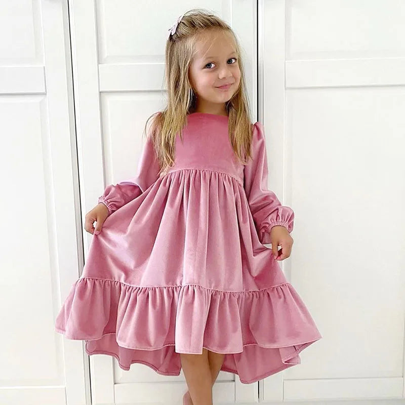 Girl Velvet Long Sleeve Ruffle Hem Dress