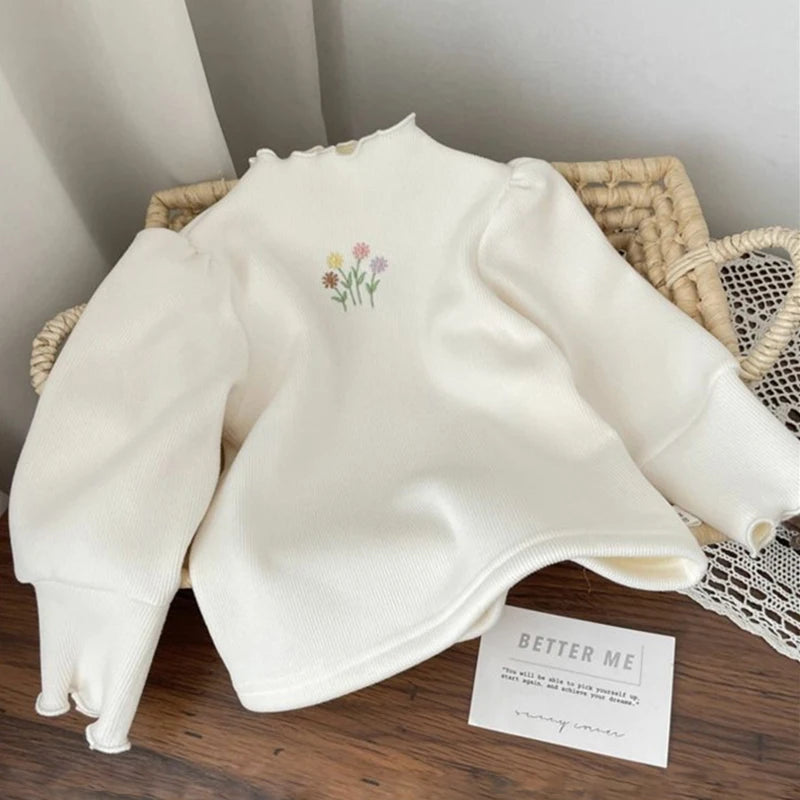 Girls Winter Warm Sweater with Puff Sleeve Flower Embroidery