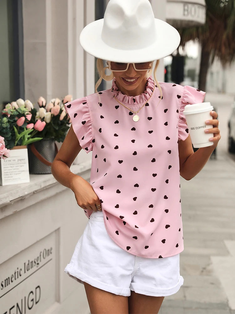 Fashion Chiffon Print Women's Shirt Ruffle Short Sleeve