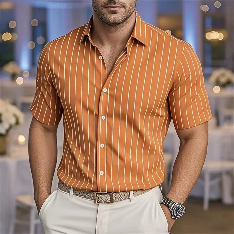 Men's Fashion Striped Loose Short Sleeve Shirt Casual Breathable Lapel Button Shirt Soft and Comfortable