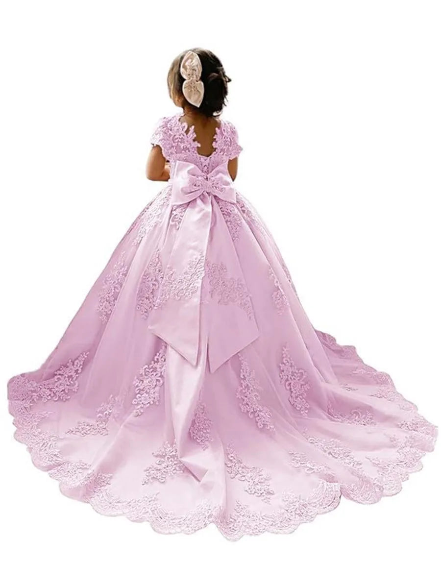 Flower Girl Princess Dresses for Wedding Pageant With Bow-knot Beaded Appliques Long Train Party Gowns