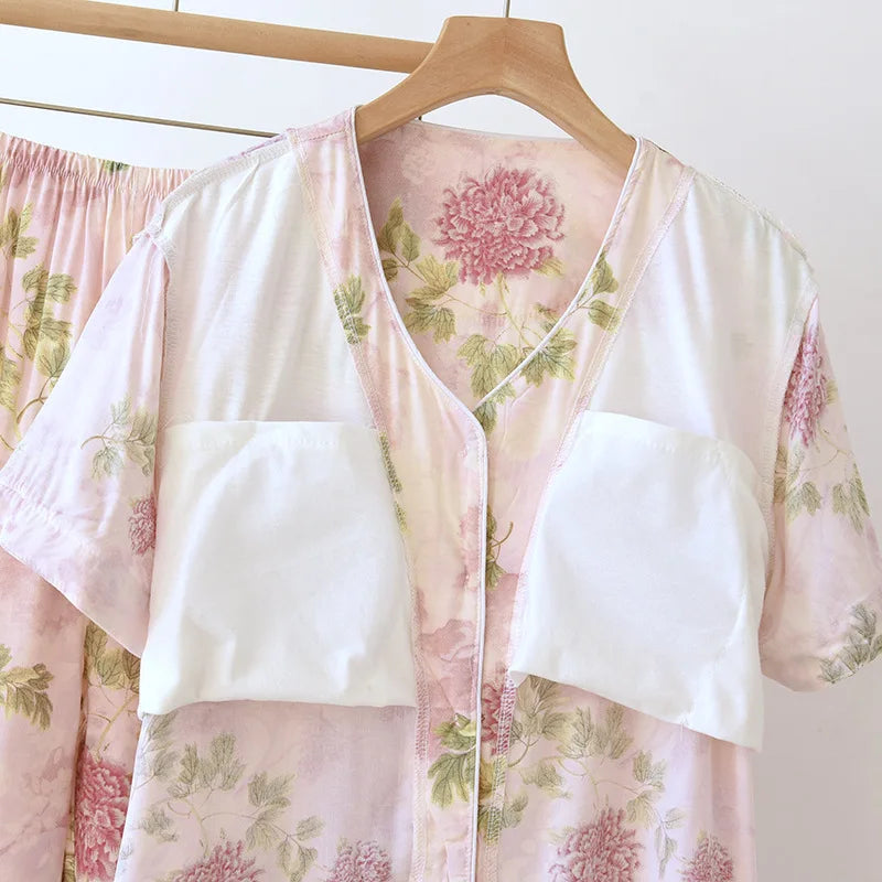 Thin Summer Floral Woman Pajama Sets Nightwear Top and Pants
