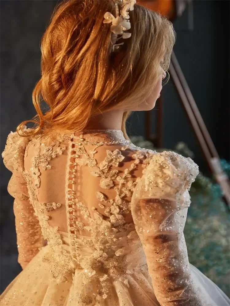 Luxury Sequins Flower Girl Dress For Wedding Party Baptism Birthday Gowns Tulle High Neck