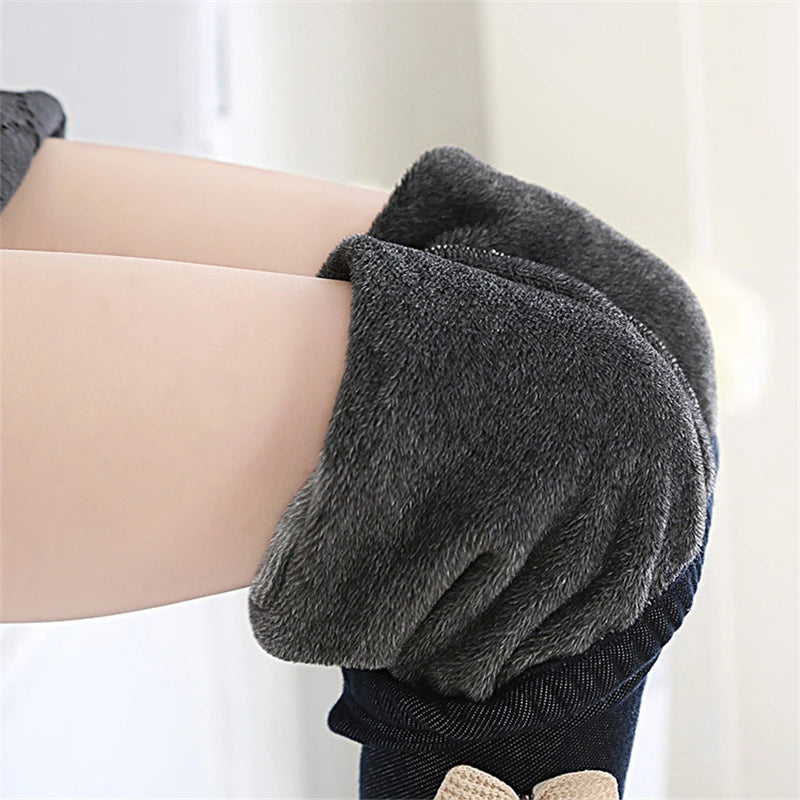 Girls Jean Pants Warm Leggings Thick Velvet Bowknot Kids