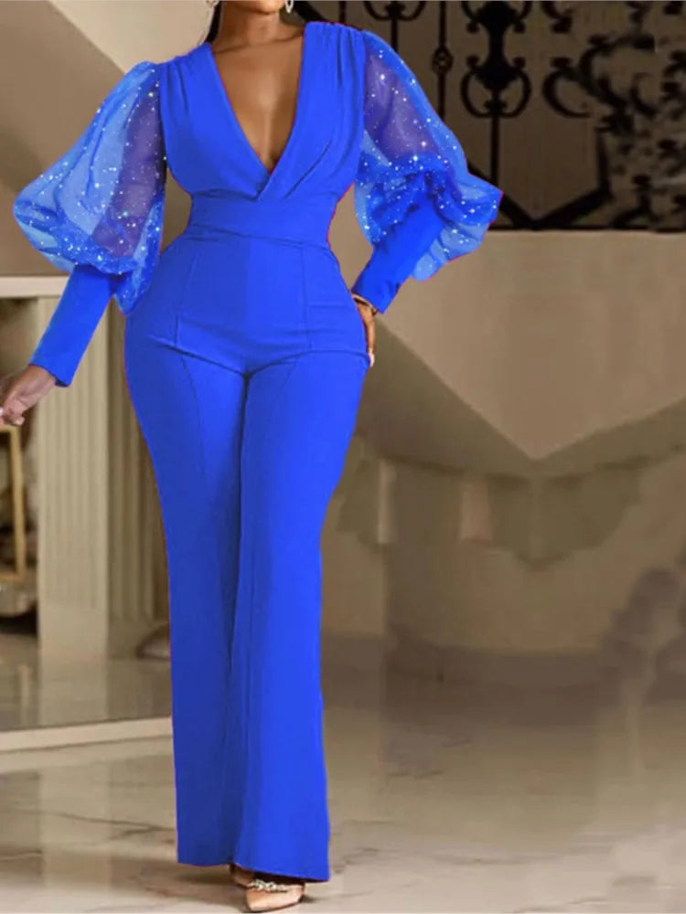Elegant Jumpsuit Romper High Waist Overall Sequins Bodycon Long Sleeve
