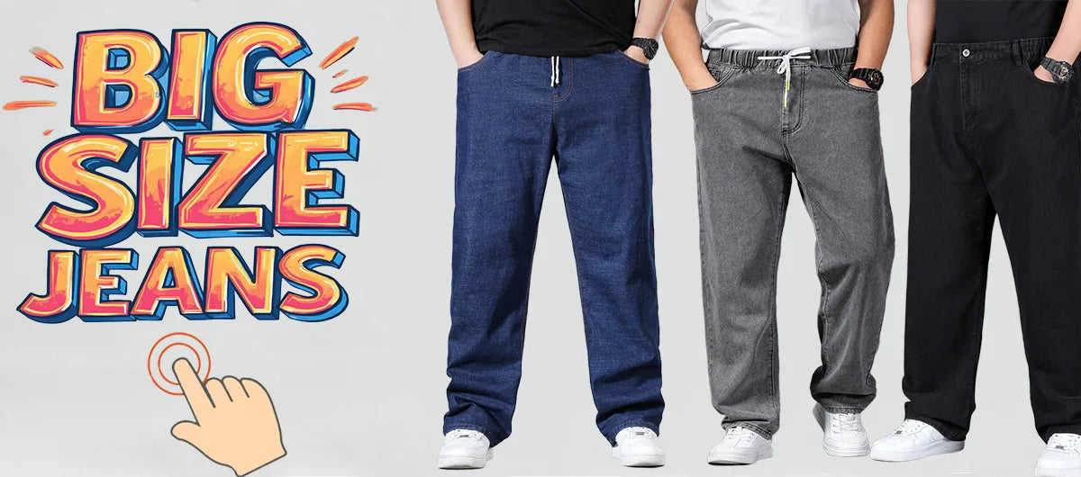 34-50 Sizes Men's Stretch Jeans Straight Leg Denim Pants Extended Sizing Blue/Black Streetwear Relaxed Fit for Work & Casual