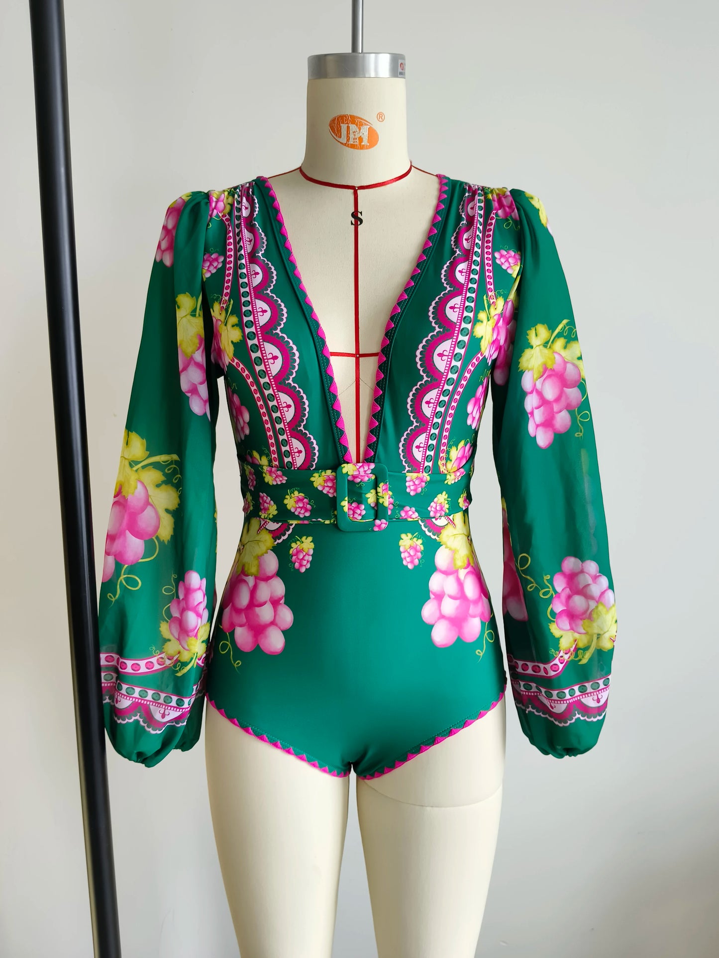 Swimwear 2PC Cover-up Swimsuit Ruffle Printed Deep V One-piece Kimono Bikini Suit