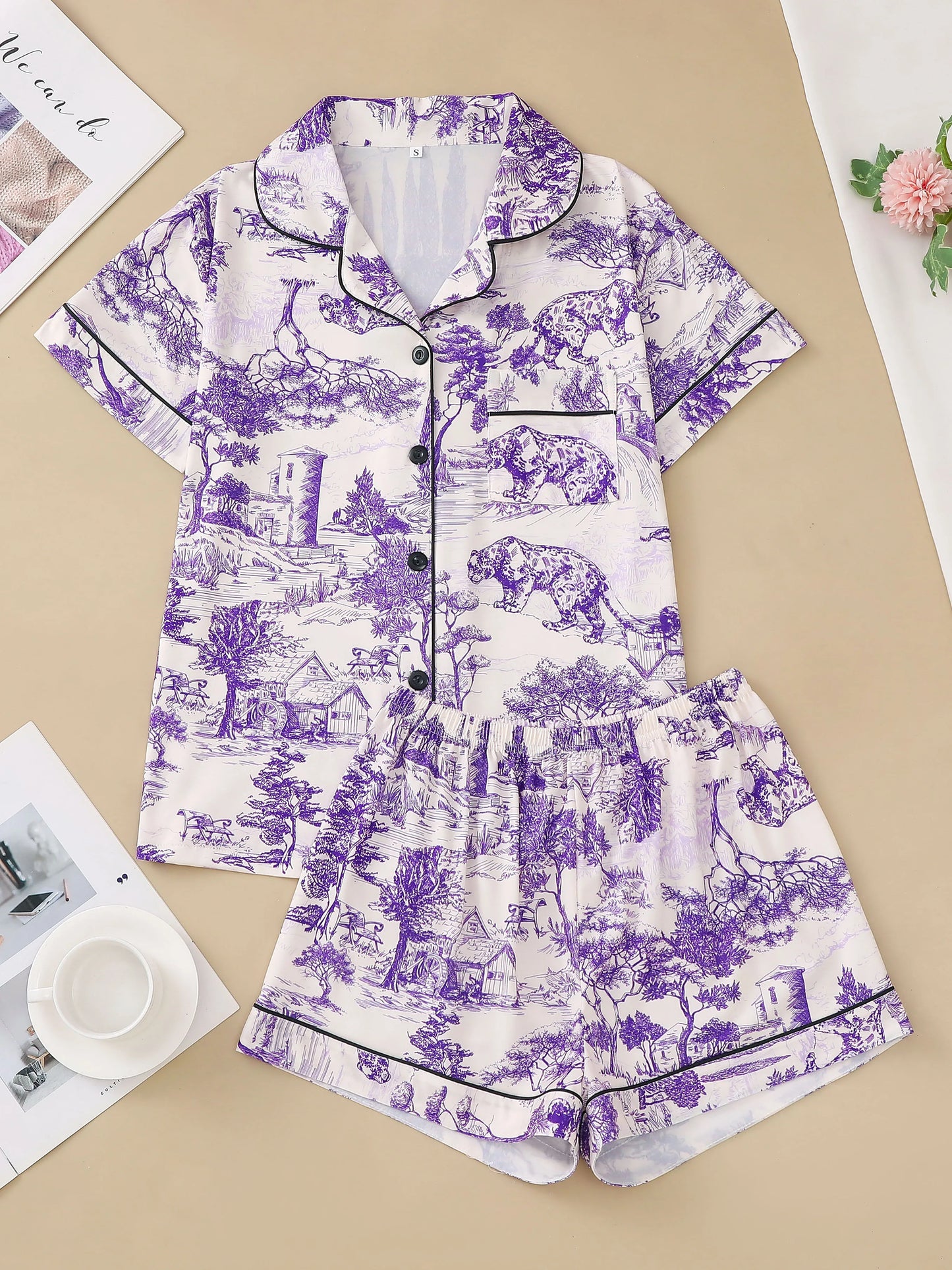 Natural animal print comfortable pajama set short-sleeved lapel top and elasticated waistband shorts loungewear