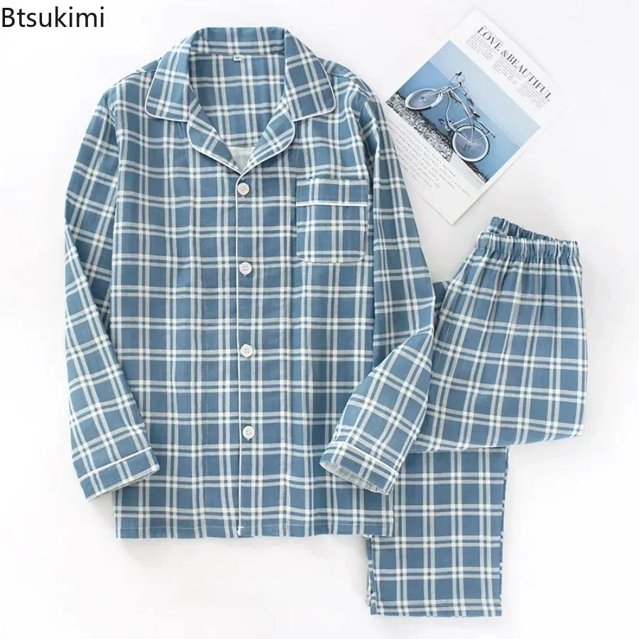 Men's Pajamas Sets Long-sleeved Cardigan Tops and Trousers 100% Cotton Double Gauze Lattice Sleepwear