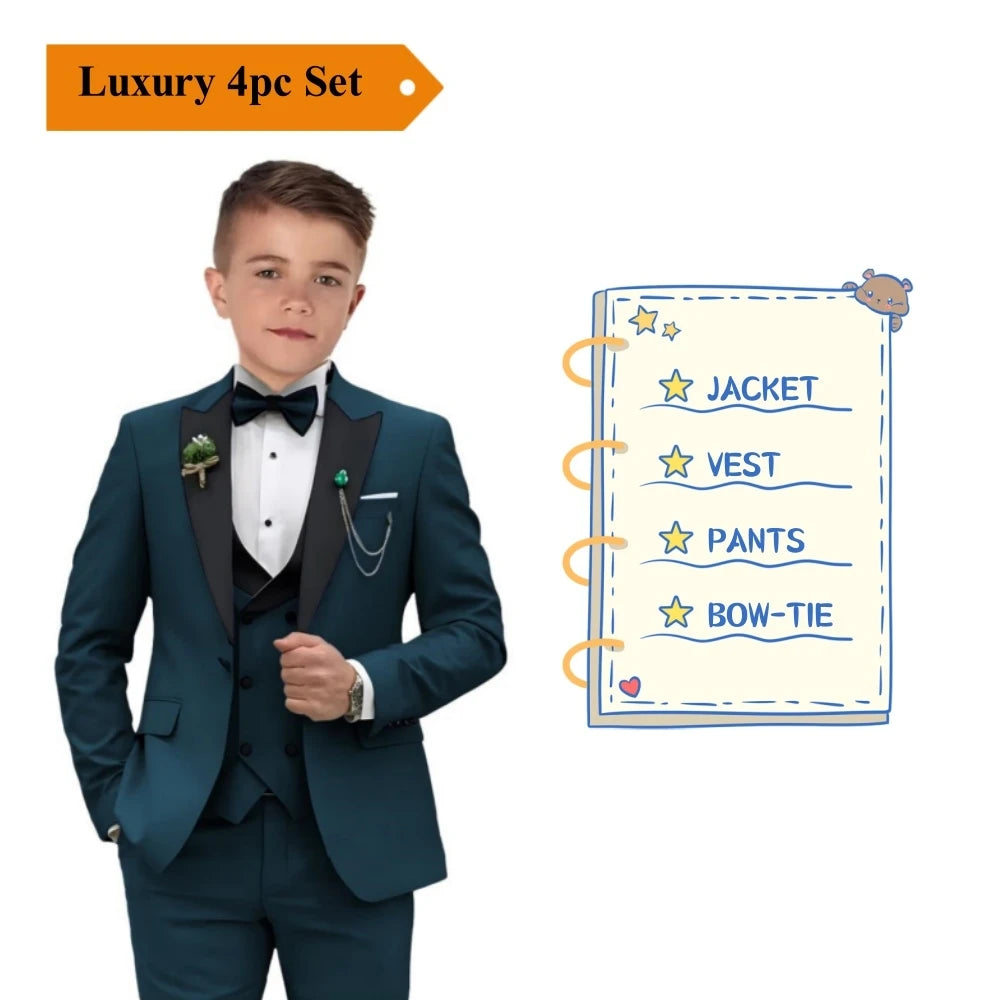 Boys Elegant Tuxedo Suit Set Blazer, Vest & Pants - 3 Pieces