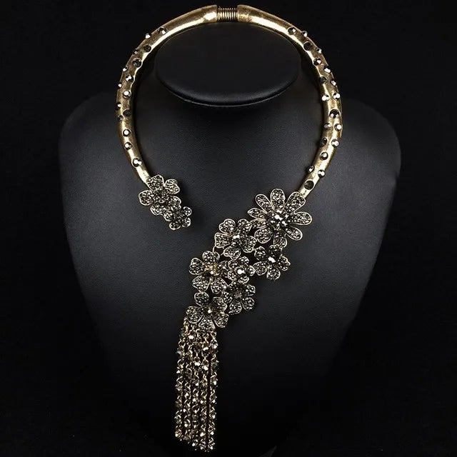 Baroque Open Choker Necklace Women Layered Crystal Tassel Large Collar Necklace Jewelry