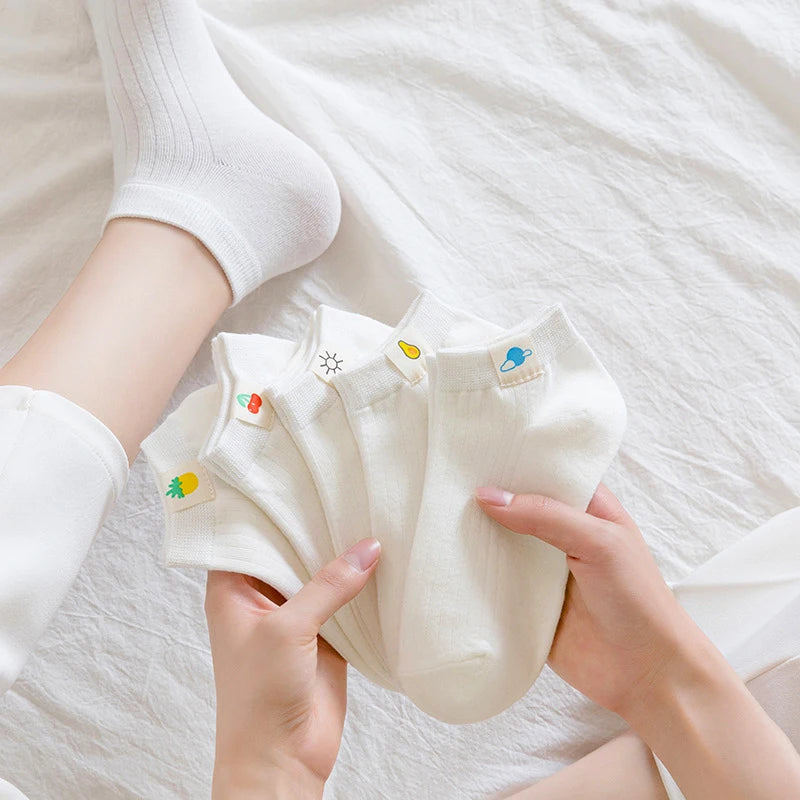 6 Pairs Women Cotton Breathable Short Socks Cartoon Fruit Sun Earth
