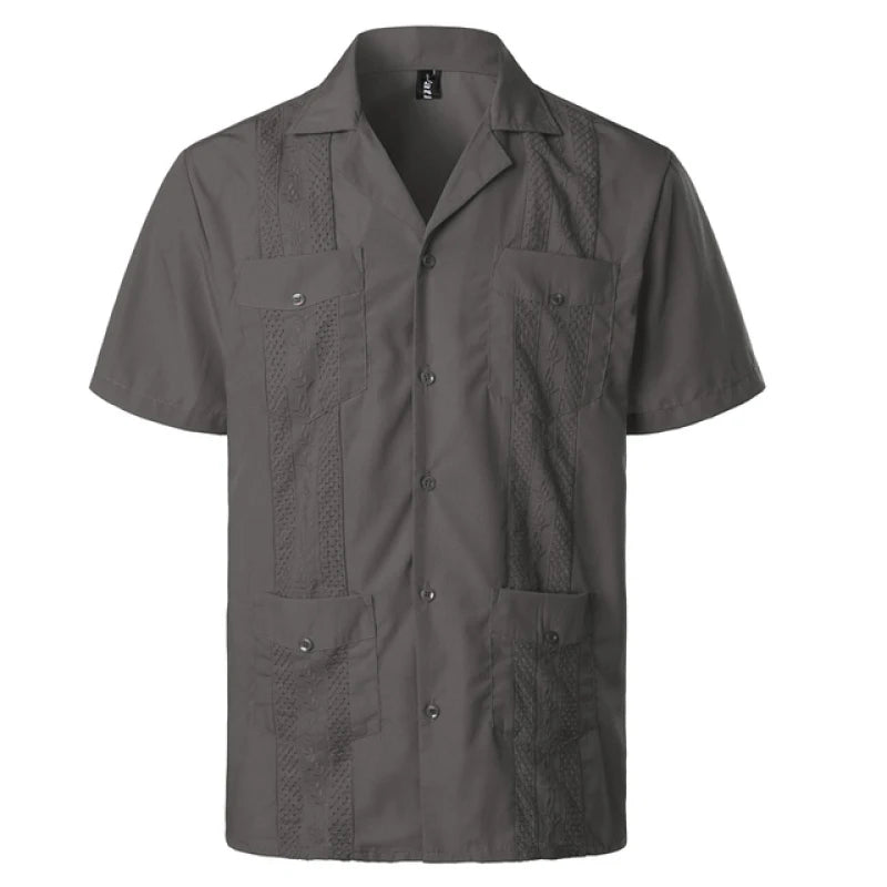 Men's Traditional Cuban Collar Guayabera Shirts Short Sleeve Embroidered w 4 Pockets