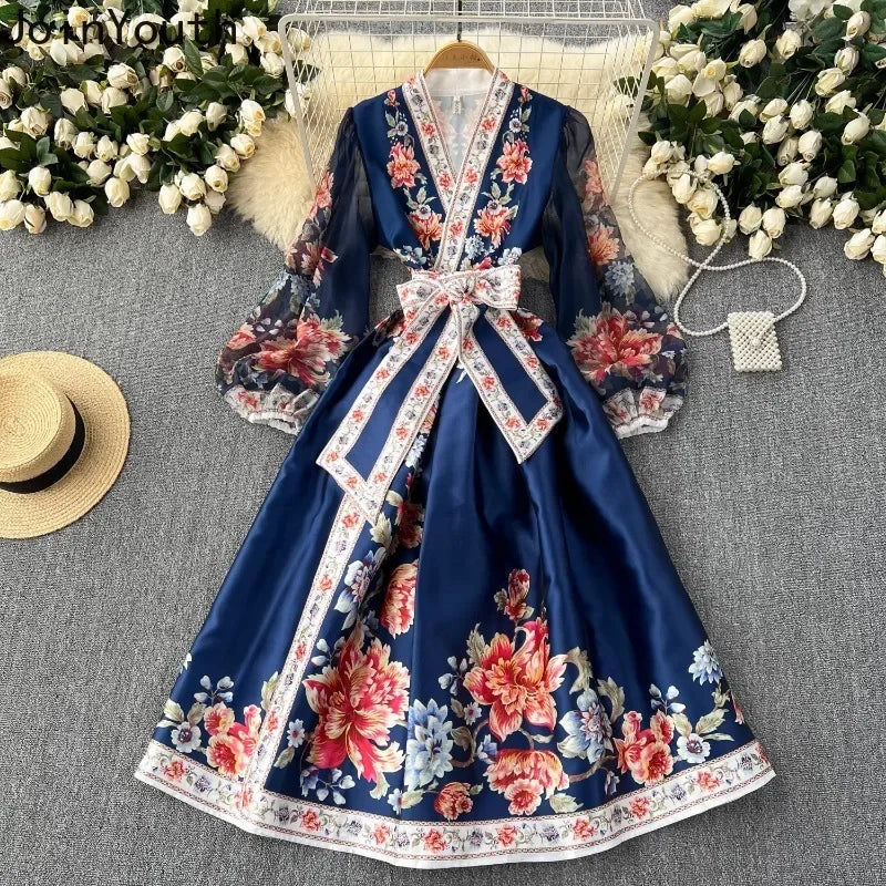 Elegant Women Floral Maxi Slim Waist Dress