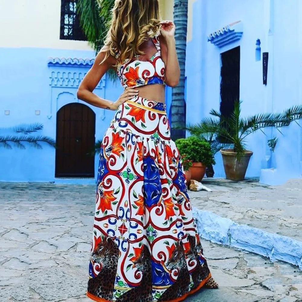 Bohemian Summer Style Two Piece Print A-Line Skirt & Camisole