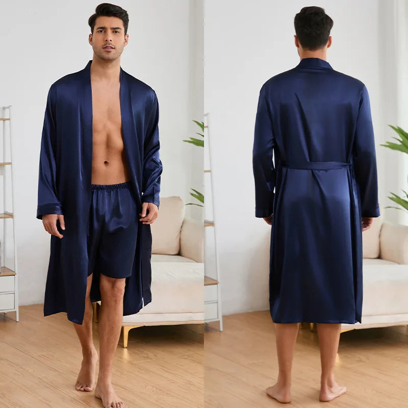 Solid Color Sleep Wear Set Men Silky Nightwear Kimono