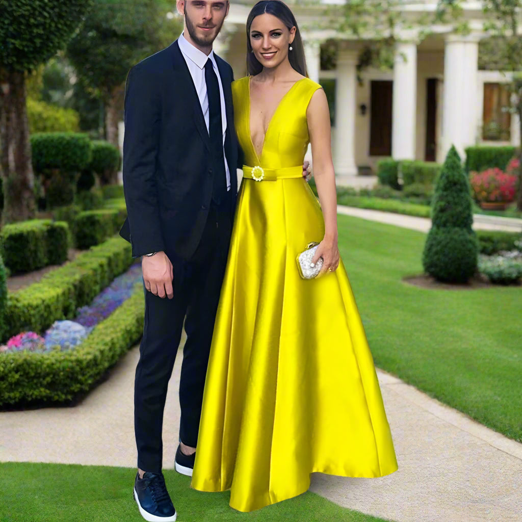 Customized Yellow Satin Deep V-Neck Evening Dresses-Additional Colors...