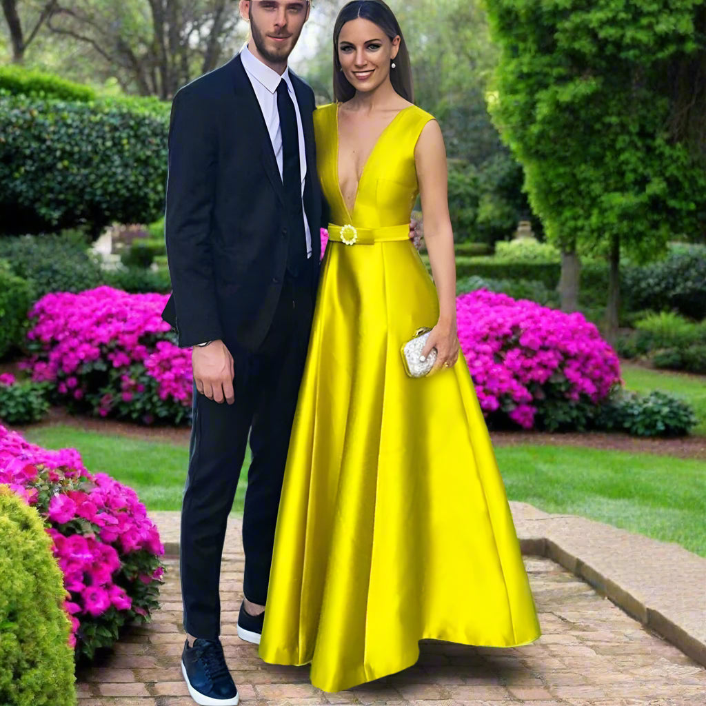 Customized Yellow Satin Deep V-Neck Evening Dresses-Additional Colors...