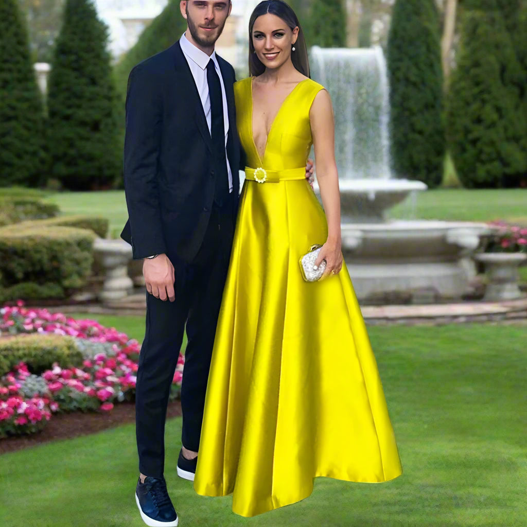 Customized Yellow Satin Deep V-Neck Evening Dresses