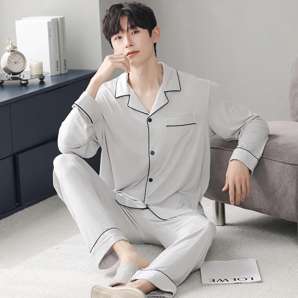 Autumn Men's Pajamas Sets Long Sleeve Modal Cotton Thin Teenage Boys' Large Size Spring Outwear Home Cloth Suit Sleepwear Male