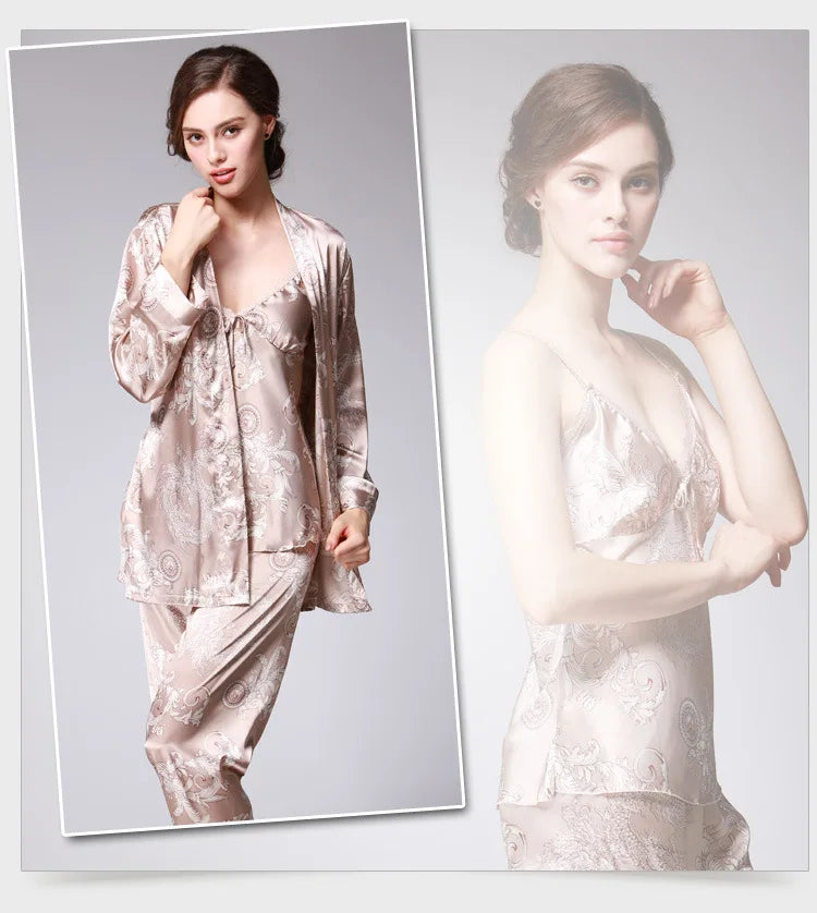 Women's Silk Satin Pajamas Set 3 Pcs Floral Silky Sets Sleepwear