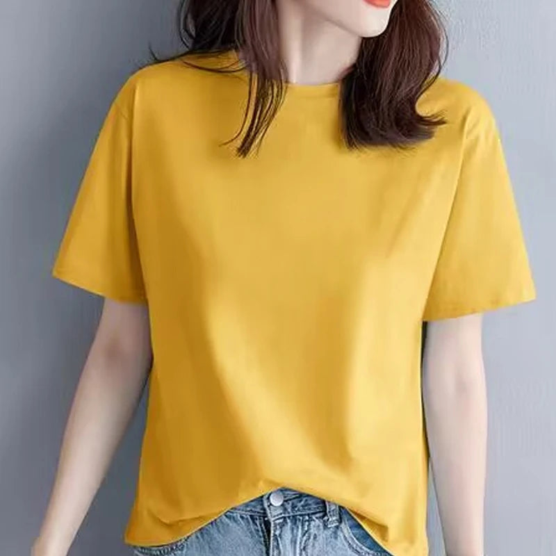 Summer 100% Cotton Regular-Fit Women Crew Neck Basic White T-Shirts
