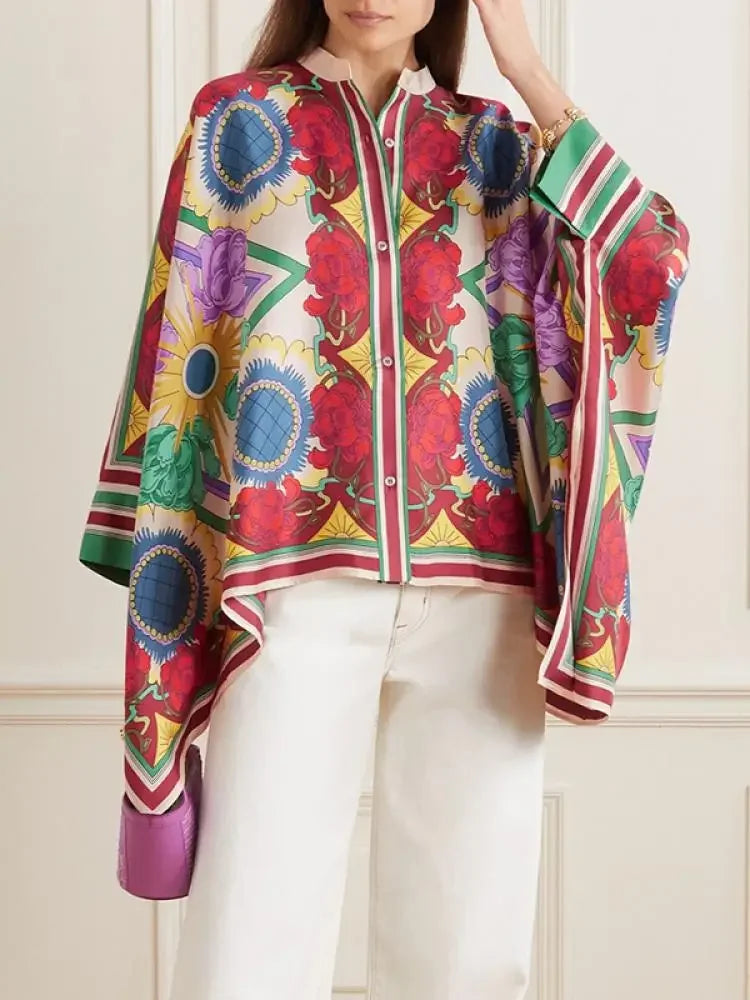 Spring Stylish Women Sleeves Flower Print Stand Collar Blouse