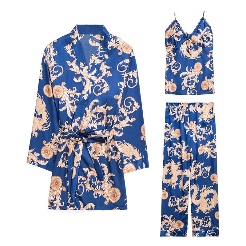 Women's Silk Satin Pajamas Set 3 Pcs Floral Silky Sets Sleepwear
