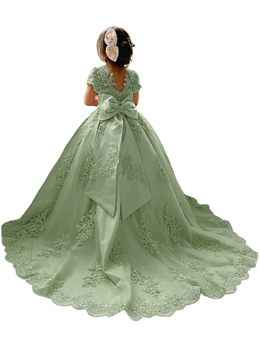 Flower Girl Princess Dresses for Wedding Pageant With Bow-knot Beaded Appliques Long Train Party Gowns