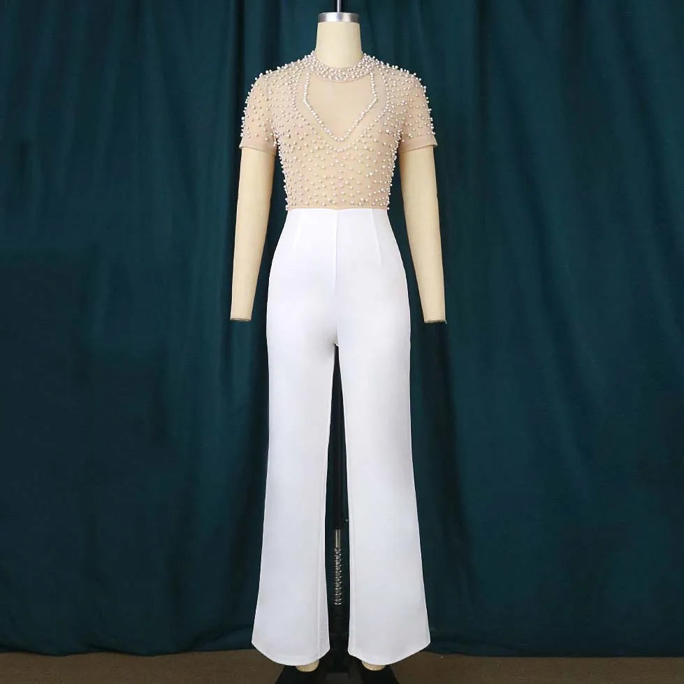 Elegant Jumpsuit with Round Neck Short Sleeve Beaded