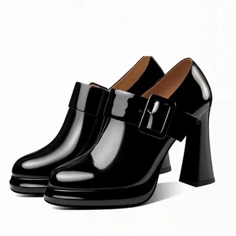 New Black Round Head Thick High Heel Women Pump Shoes