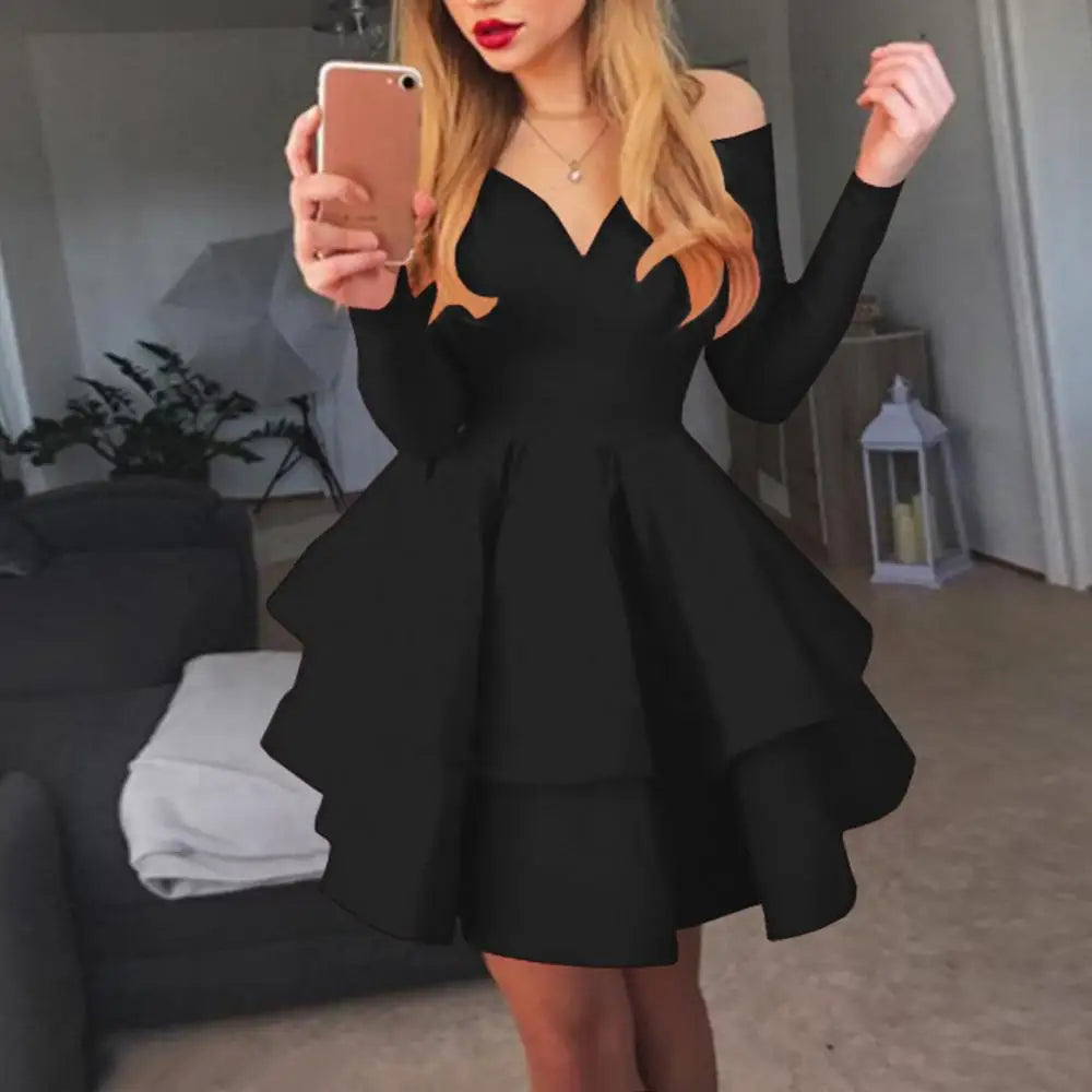 Elegant Women Long Sleeve V Neck Off Shoulder Swing Ruffled Hem Mini Dress