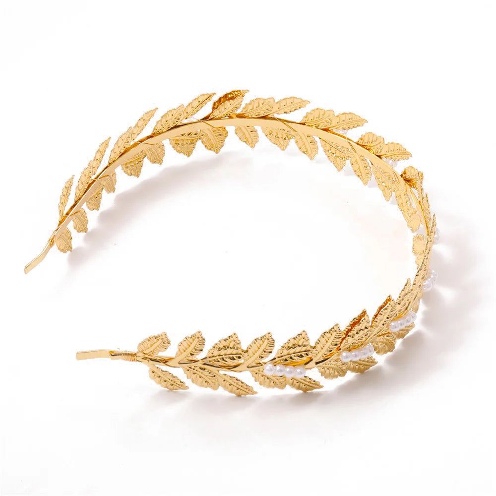 European and American new fashion personality golden leaf pearl headband bridal crown baroque party headgear