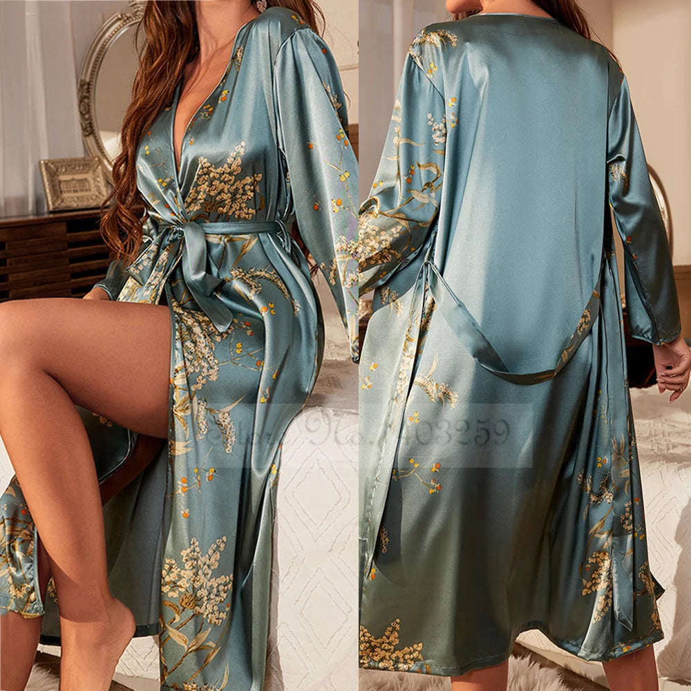 Female Satin Print Cherry Floral Kimono Bathrobe Gown