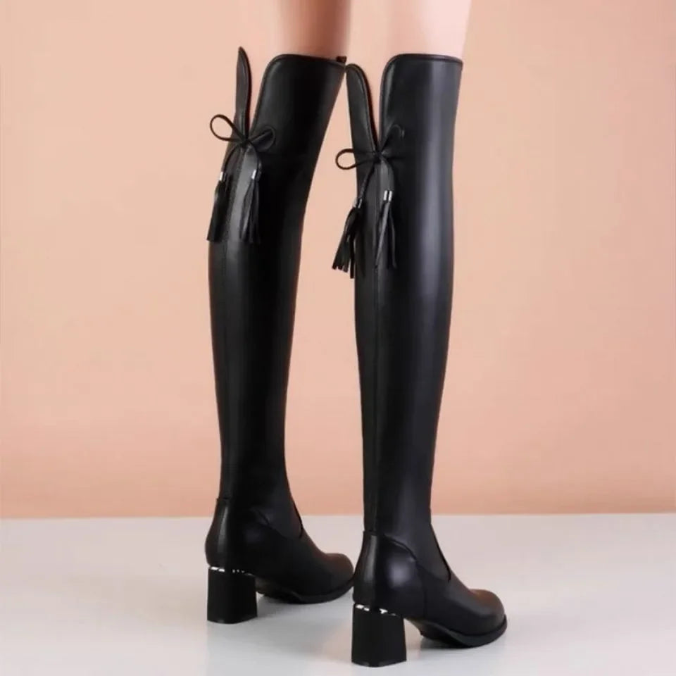 Women Leather Elastic Boots Plush Long Thick Heels Over The Knee Boots