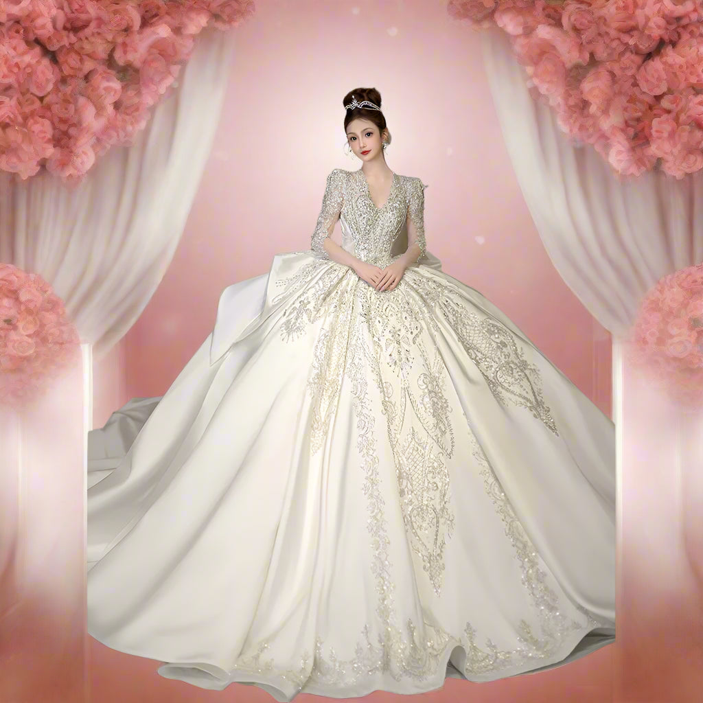 Luxury Classic Full sleeve Satin Wedding Dresses with Royal Train Customized