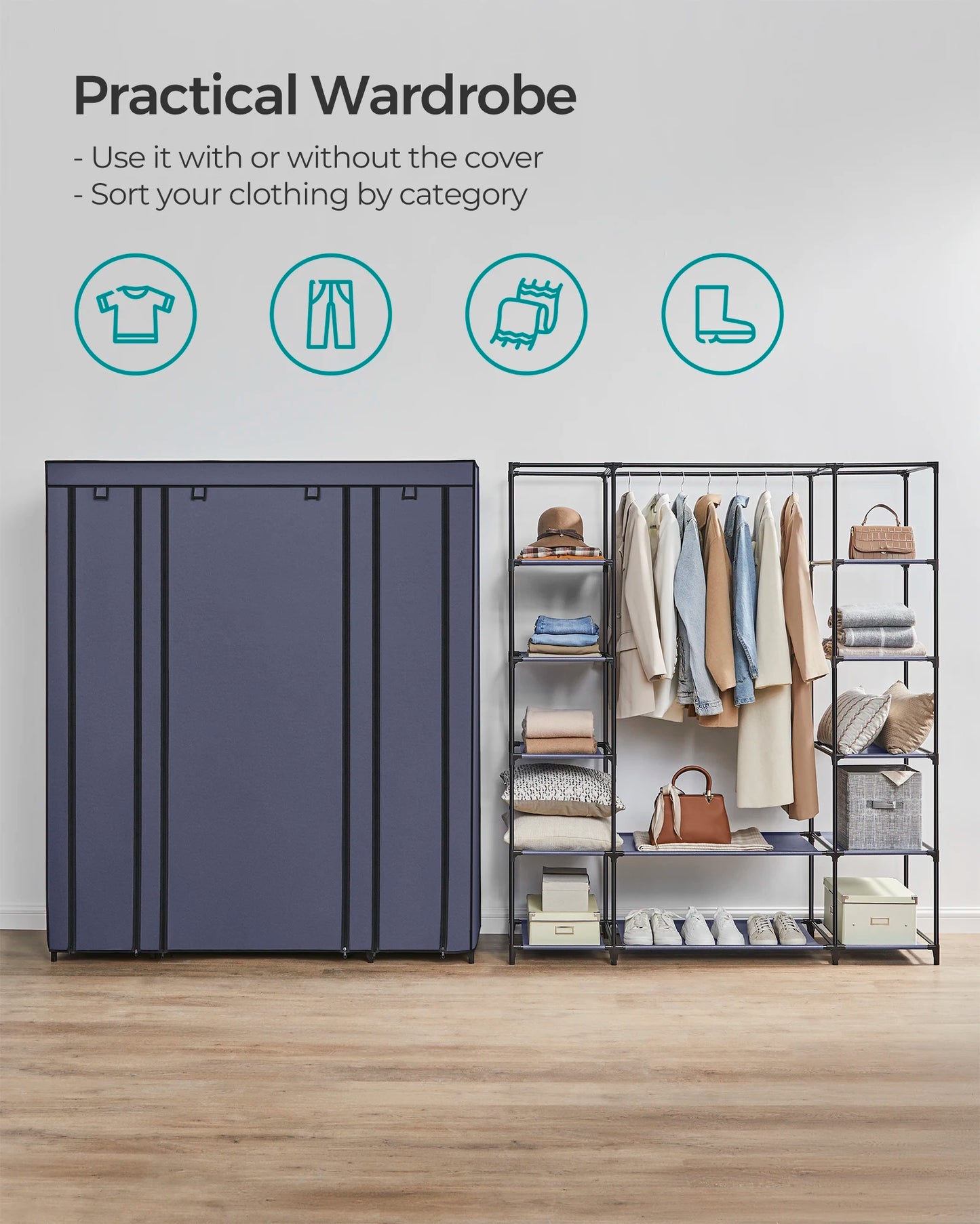 Portable Closet Wardrobe Storage Organizer Rail with Non-Woven Fabric Cover