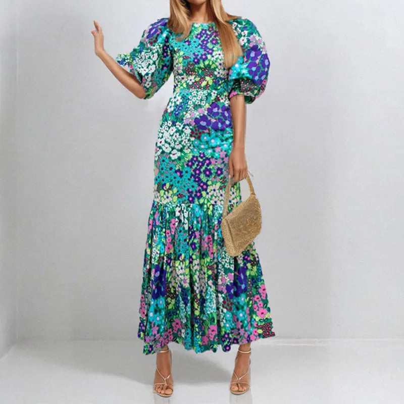 Elegant Blue Flower Print Lantern Sleeve Ankle Summer Fishtail Dress